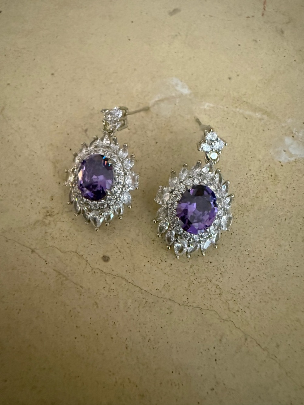 Elegant Purple Gemstone Halo Drop Earrings - Women Jewelry
